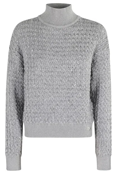Elisabetta Franchi Cable Knit Tricot Sweater With Sequined Inserts And High Neck In Gray