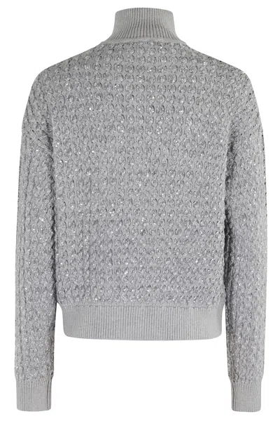 Elisabetta Franchi Cable Knit Tricot Sweater With Sequined Inserts And High Neck In Gray