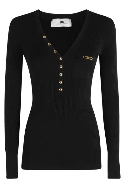Elisabetta Franchi Maglia A Costine Con Taschino Nero In Black