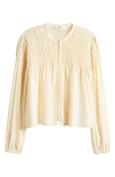 Frame Smocked Collarless Silk-blend Blouse In Gold