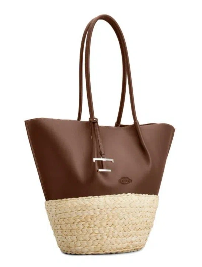 Tod's Chocolate Brown Raffia Shopping Bag In Brown