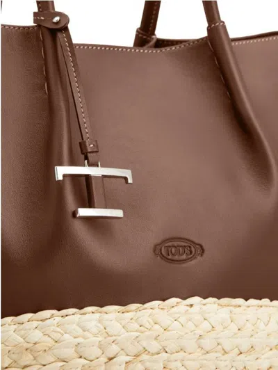 Tod's Chocolate Brown Raffia Shopping Bag In Brown
