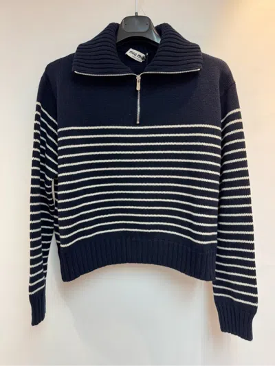 Miu Miu Cashmere Sweater With Ribbed Cuffs And Hem In Blue