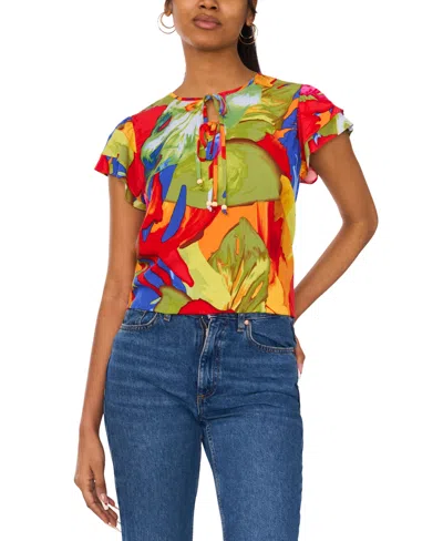 Sam & Jess Women's Printed Tie-neck Flutter-sleeve Top In Green