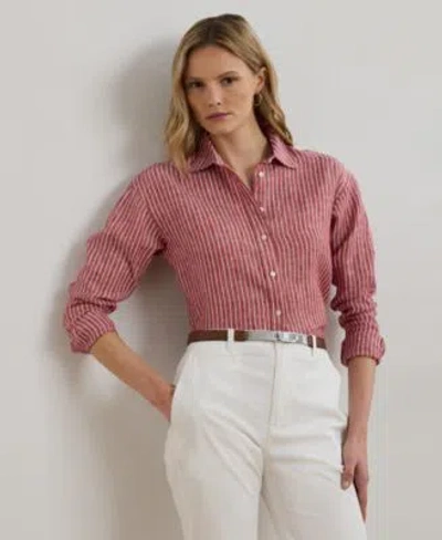 Ralph Lauren Lauren  Stripe Relaxed Fit Linen Button-up Shirt In Brown