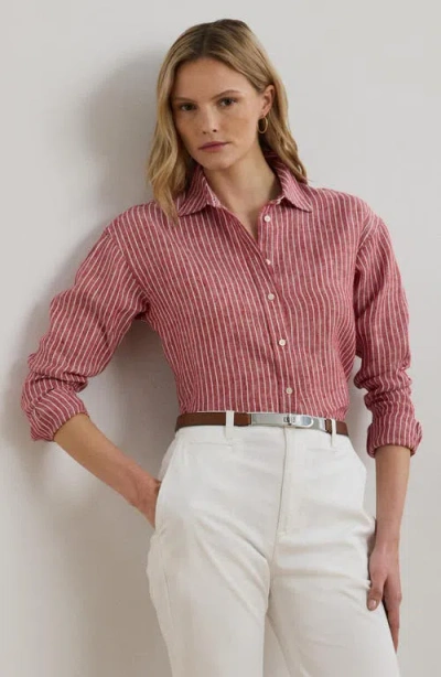 Ralph Lauren Lauren  Stripe Relaxed Fit Linen Button-up Shirt In Brown