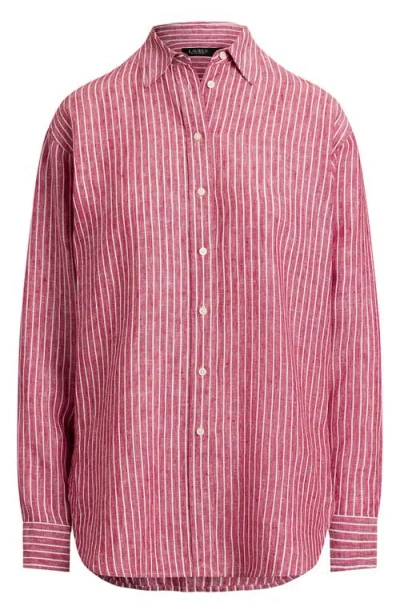 Ralph Lauren Lauren  Stripe Relaxed Fit Linen Button-up Shirt In Brown