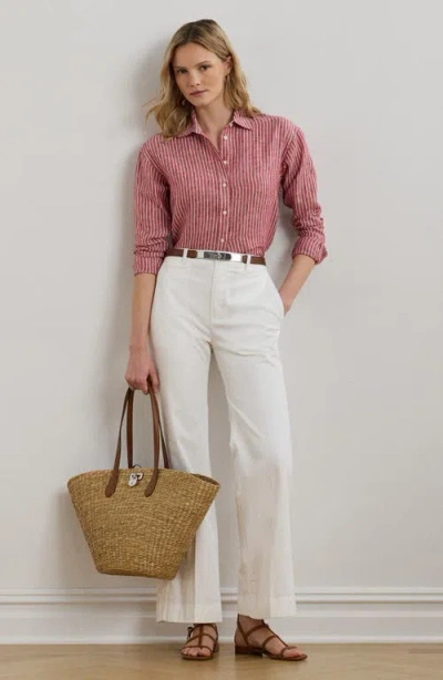 Ralph Lauren Lauren  Stripe Relaxed Fit Linen Button-up Shirt In Brown