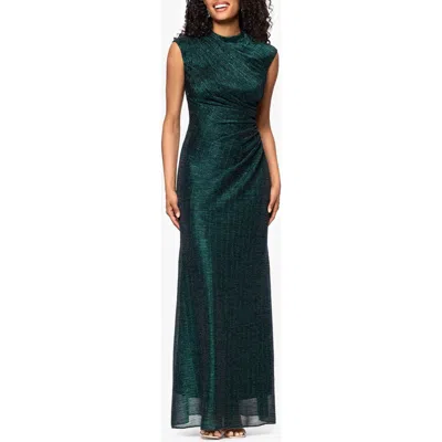 Betsy & Adam Metallic Crinkle Ruched Gown In Green