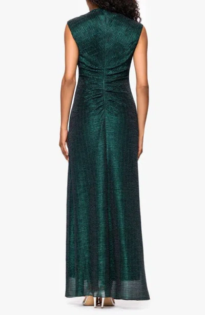 Betsy & Adam Metallic Crinkle Ruched Gown In Green