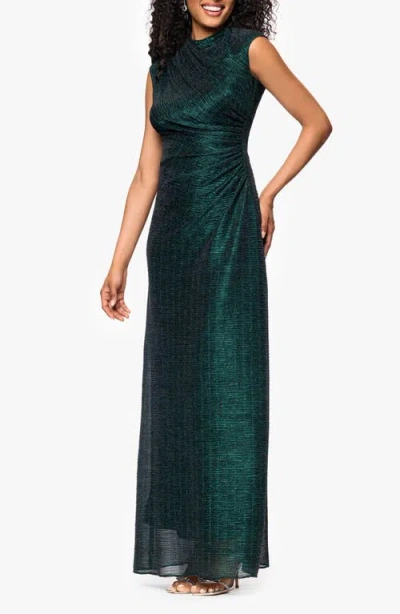 Betsy & Adam Metallic Crinkle Ruched Gown In Green