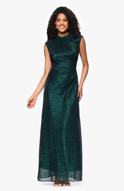 Betsy & Adam Metallic Crinkle Ruched Gown In Green