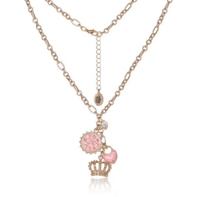 Juicy Couture Gold-tone Layered Charm Necklace With Pink Enamel Accents