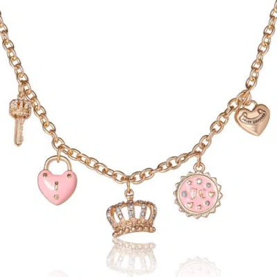 Juicy Couture Charm Necklace With Pink Enamel Accents And Crystal Details In Gold