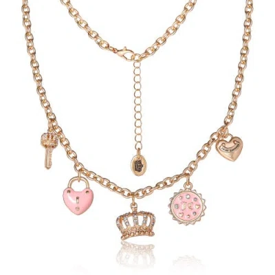 Juicy Couture Charm Necklace With Pink Enamel Accents And Crystal Details In Gold