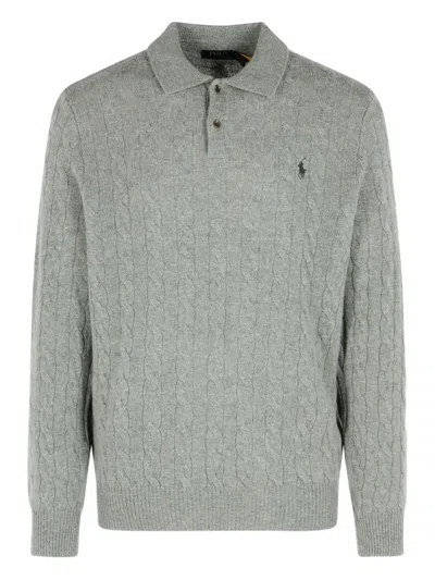 Polo Ralph Lauren Grey Sweater With Polo Shirt Style Collar And Pony Embroidery On The Front In Wool And Cashmere Man In Gray