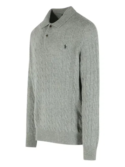 Polo Ralph Lauren Grey Sweater With Polo Shirt Style Collar And Pony Embroidery On The Front In Wool And Cashmere Man In Gray