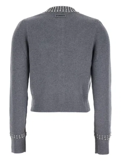 Pinko Grey Cardigan With Crystal Embellishments And Logo Patch On The Back In Cashmere Woman In Gray