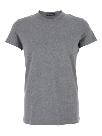Dolce & Gabbana Grey Crewneck T-shirt With Tonal Logo Lettering Embroidery On The Front In Gray