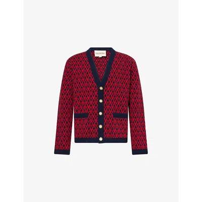 Valentino Toute La V Jacquard Wool Cardigan In Red