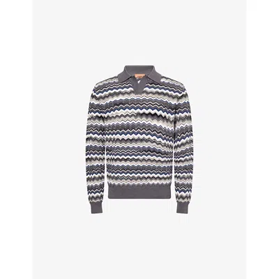 Missoni Mens Grey And Beige Tones Zig-zag Pattern Long-sleeve Cotton And Wool Polo Shirt In Gray