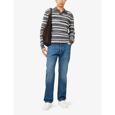 Missoni Mens Grey And Beige Tones Zig-zag Pattern Long-sleeve Cotton And Wool Polo Shirt In Gray