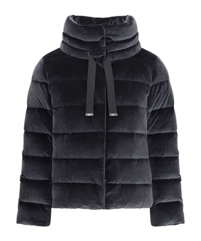 Herno Velvet Quilted Drawstring High Collar Jacket In Black