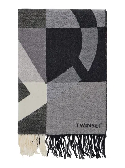 Twinset Geometric-pattern Fringed Scarf In Gray
