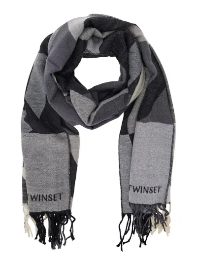 Twinset Geometric-pattern Fringed Scarf In Gray
