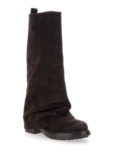 Strategia Slouchy Black Suede Tall Boots With Folded Cuff And Rubber Sole In Brown