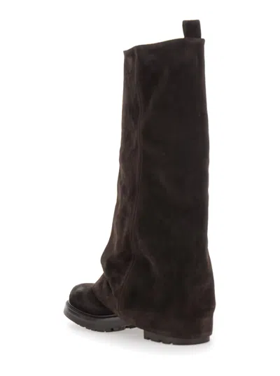 Strategia Slouchy Black Suede Tall Boots With Folded Cuff And Rubber Sole In Brown