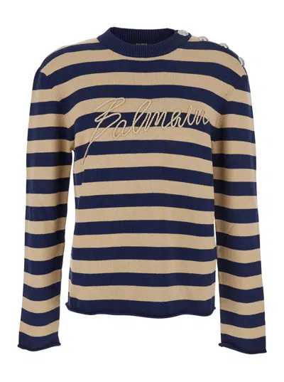 Balmain Striped Sweater With Logo Embroidery In Brown