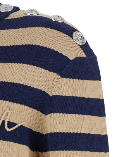 Balmain Striped Sweater With Logo Embroidery In Brown