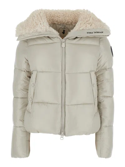 Save The Duck 'moma' Beige Down Jacket With Fur Collar And Logo On The Sleeve In Tech Fabric Woman In Neutral