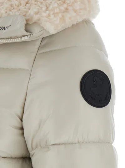 Save The Duck 'moma' Beige Down Jacket With Fur Collar And Logo On The Sleeve In Tech Fabric Woman In Neutral