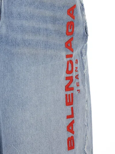 Balenciaga Men Light Blue Jeans With Fleece Inserts And Logo Lettering On The Front In Cotton And De In Gray