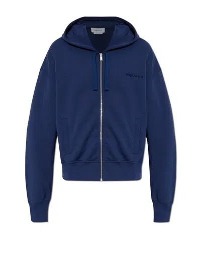 Alexander Mcqueen Full-zip Hooded Sweatshirt With Embroidered Detailing In Blue