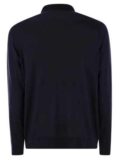 Kiton Wool Long Sleeve Polo With Ribbed Cuffs And Hem In Blue