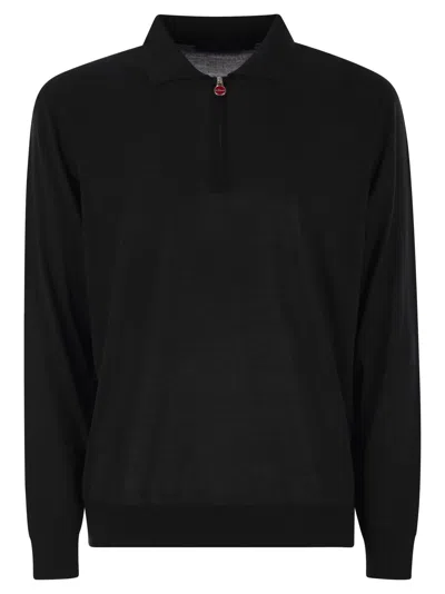 Kiton Wool Long Sleeve Polo With Ribbed Cuffs And Hem In Black