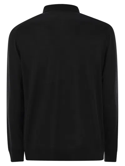 Kiton Wool Long Sleeve Polo With Ribbed Cuffs And Hem In Black