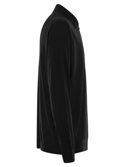 Kiton Wool Long Sleeve Polo With Ribbed Cuffs And Hem In Black