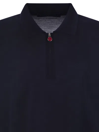 Kiton Wool Long Sleeve Polo With Ribbed Cuffs And Hem In Blue