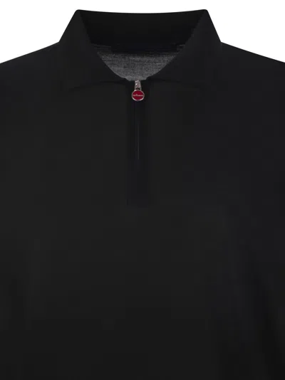 Kiton Wool Long Sleeve Polo With Ribbed Cuffs And Hem In Black
