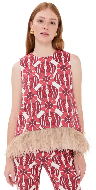 La Doublej Icon La Scala Feather-trimmed Printed Stretch-cotton Tweed Top In Red