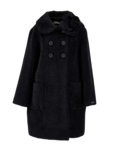 Monnalisa Double-breasted Flower Coat In Black