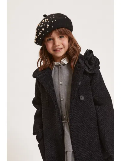 Monnalisa Double-breasted Flower Coat In Black