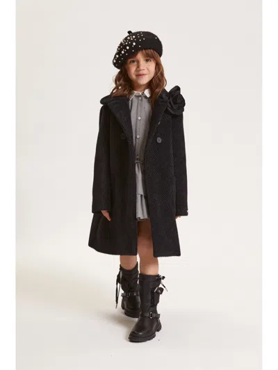 Monnalisa Double-breasted Flower Coat In Black