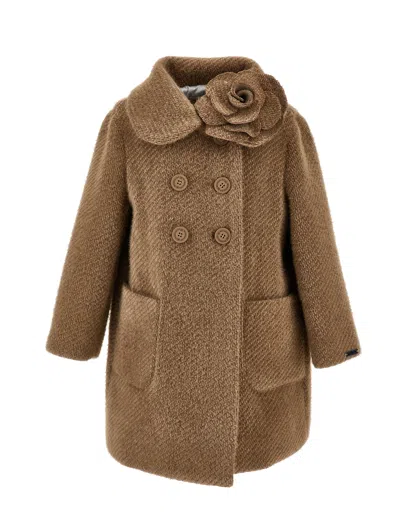 Monnalisa Double-breasted Flower Coat In Brown