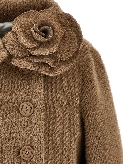Monnalisa Double-breasted Flower Coat In Brown