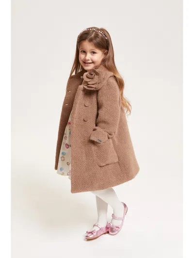 Monnalisa Double-breasted Flower Coat In Brown